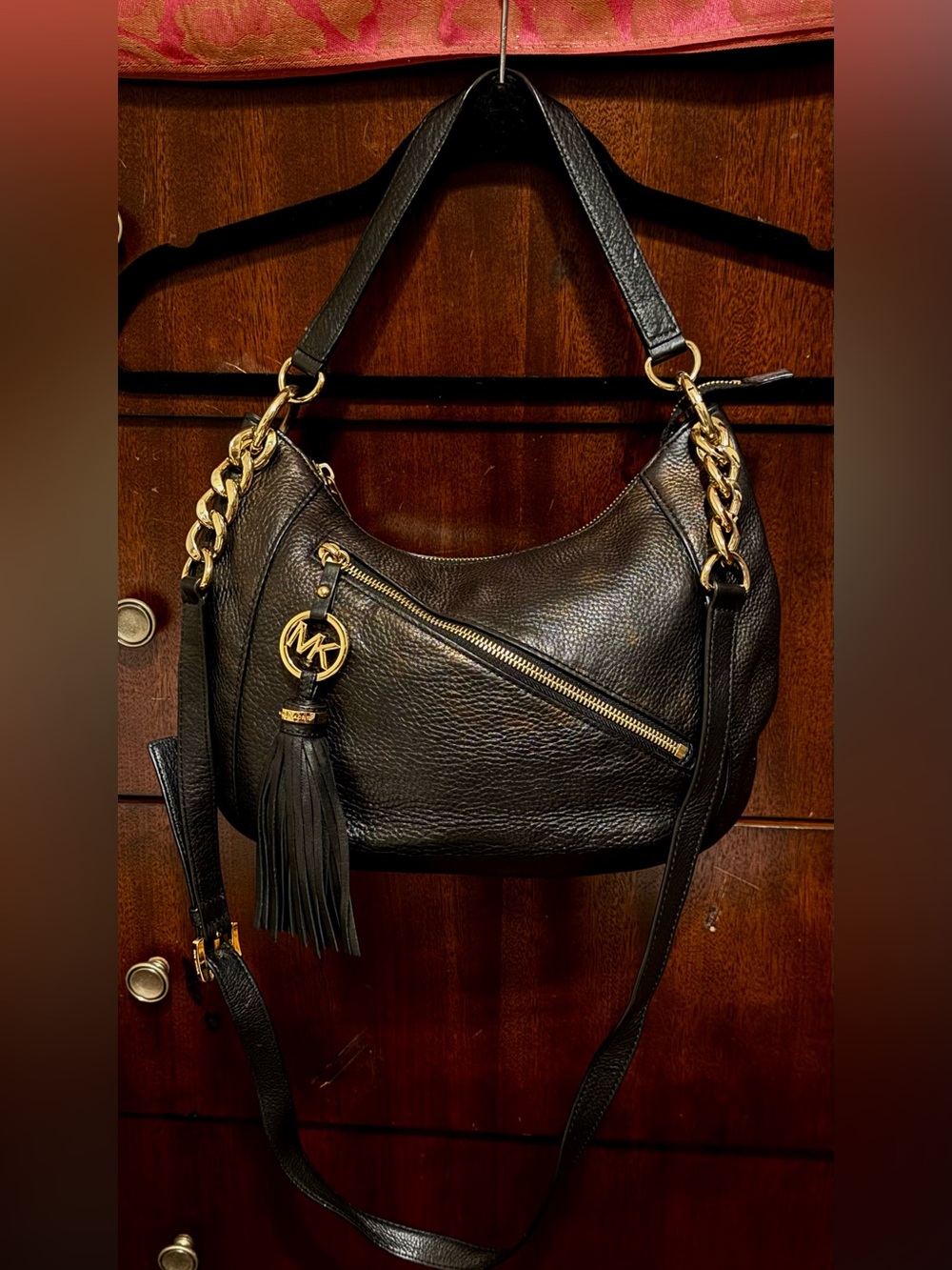 Michael Kors Black Pebbled Leather Shoulder Bag with Gold Accents